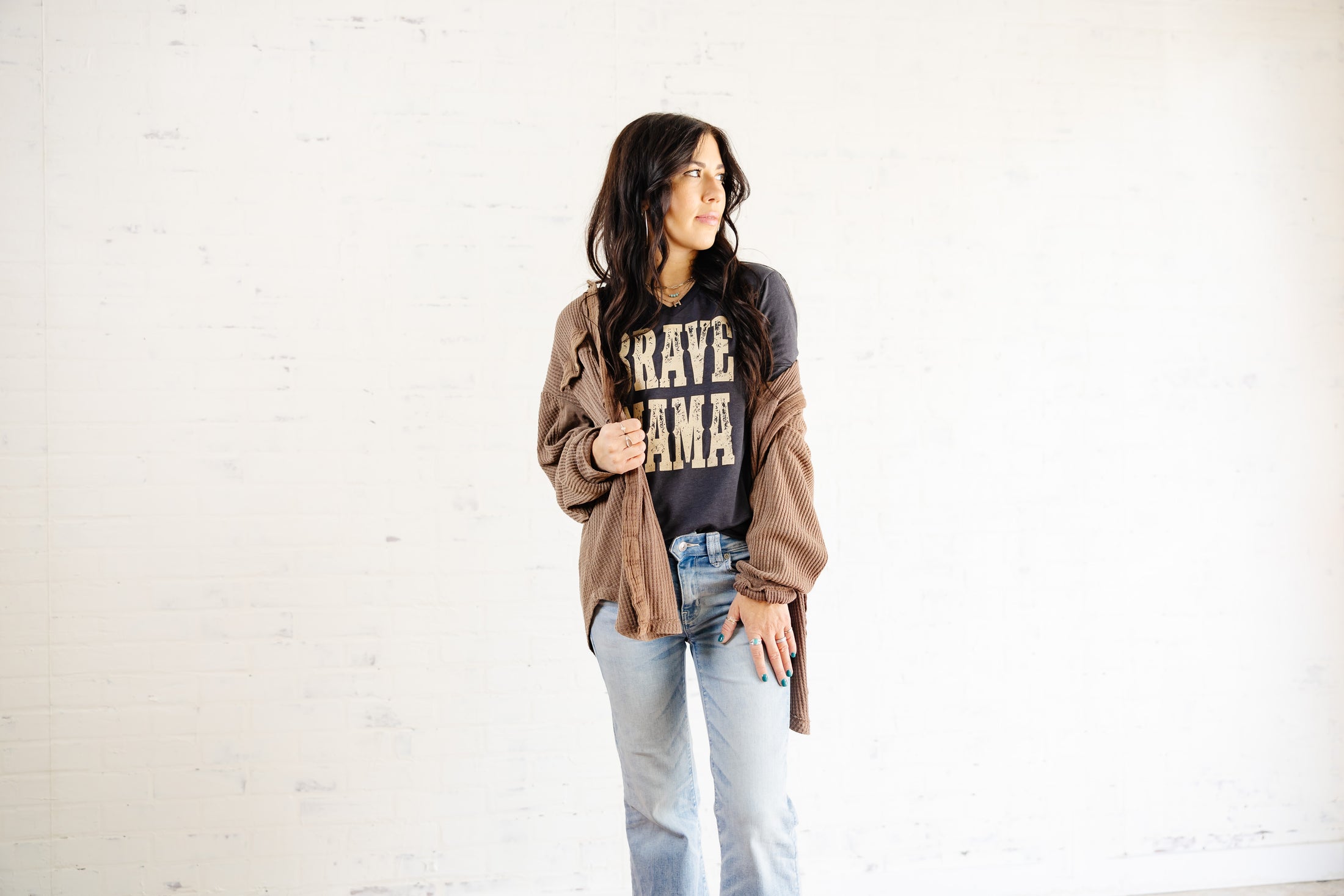Brave Mama Goes West Vneck- Hearth Grey